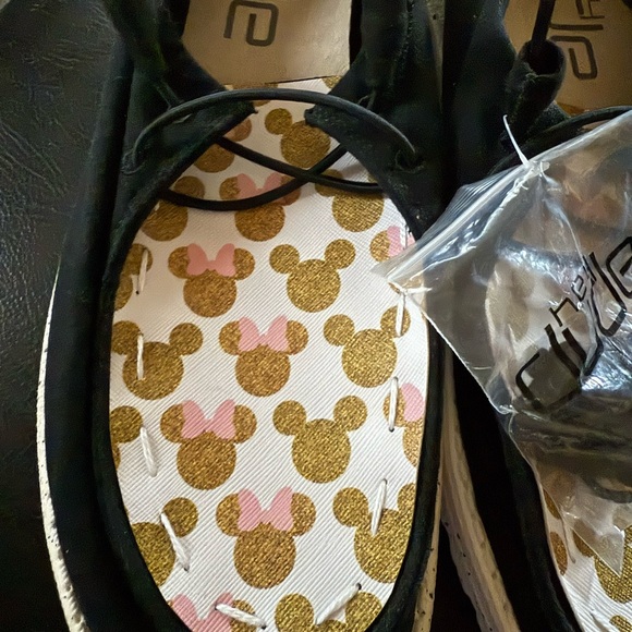 Hey Dude Women's Black Flats with Gold and Pink Disney Minnie Mouse Pattern - Picture 2 of 6